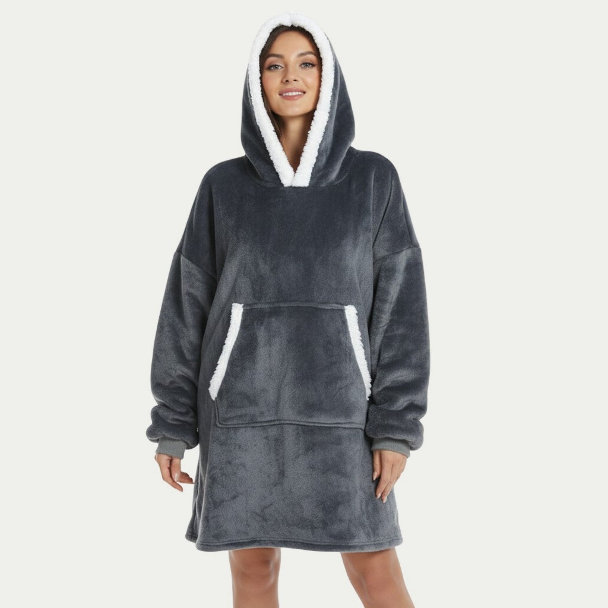Anna-Kaci Women's Plush Hooded Lounge Dress with Faux Shearling Trim Long Sleeves and Front Kangaroo Pocket