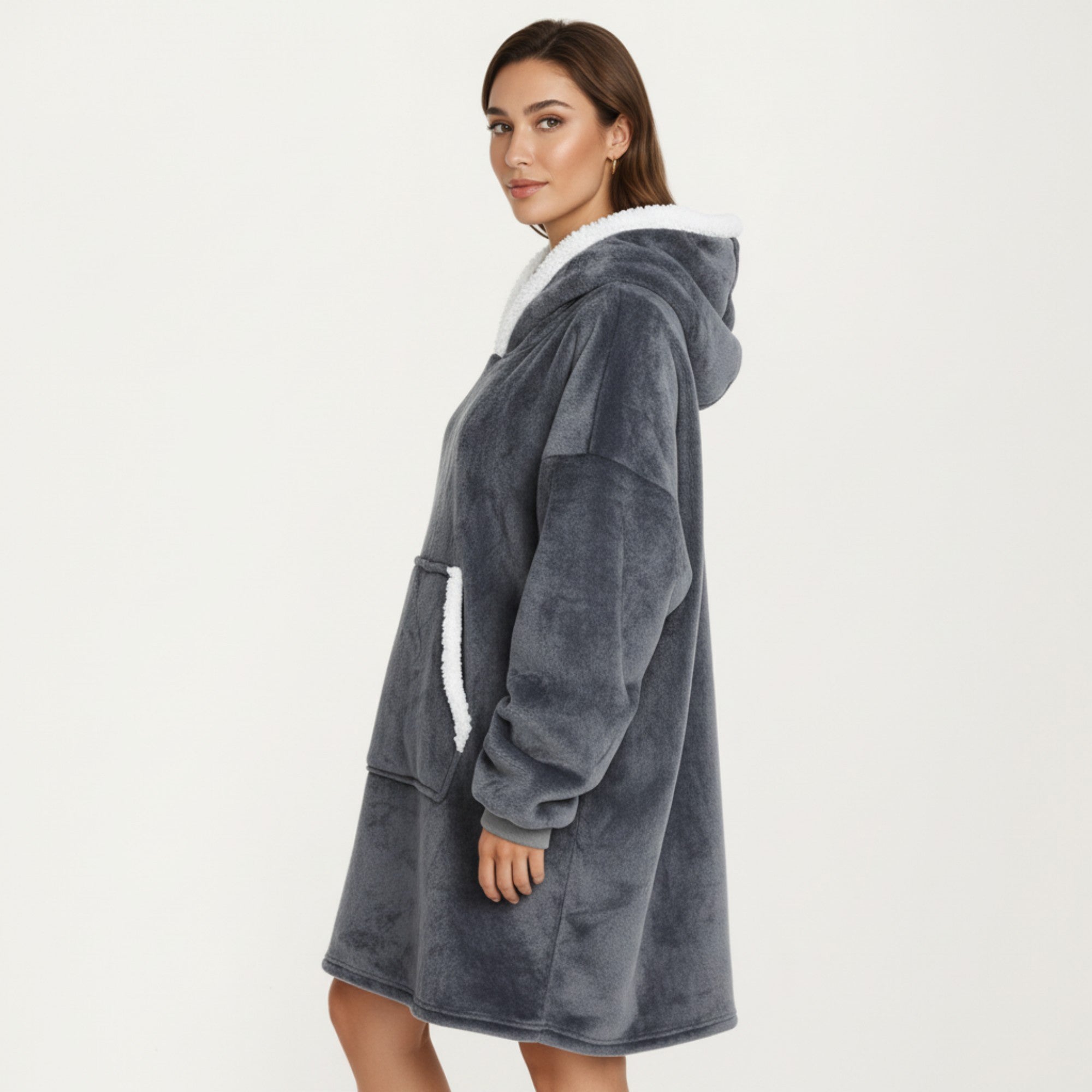 Anna-Kaci Women's Plush Hooded Lounge Dress with Faux Shearling Trim Long Sleeves and Front Kangaroo Pocket