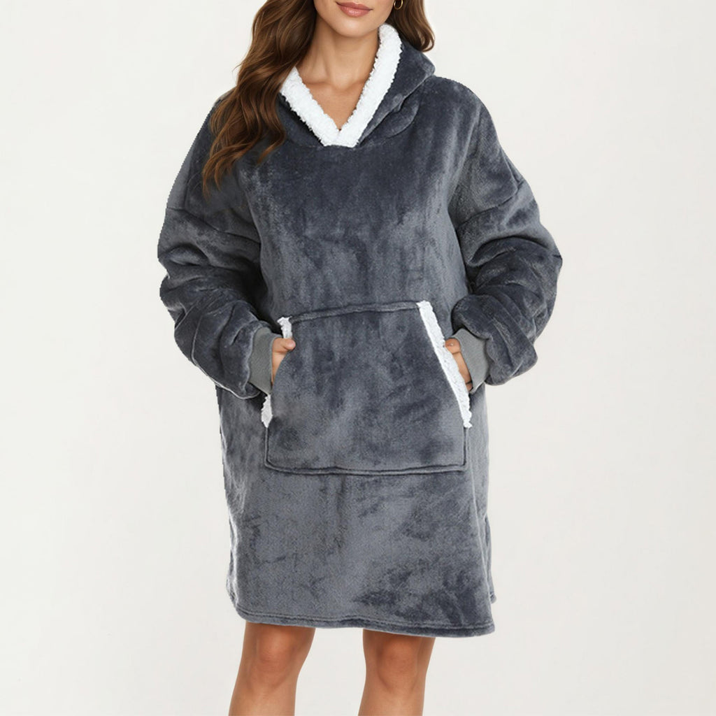 Anna-Kaci Women's Plush Hooded Lounge Dress with Faux Shearling Trim Long Sleeves and Front Kangaroo Pocket