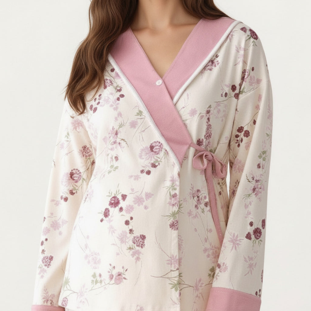 Anna-Kaci Women's 2-Piece Set Floral Wrap Front Pajama Top with Long Sleeves and Matching Relaxed Fit Pants