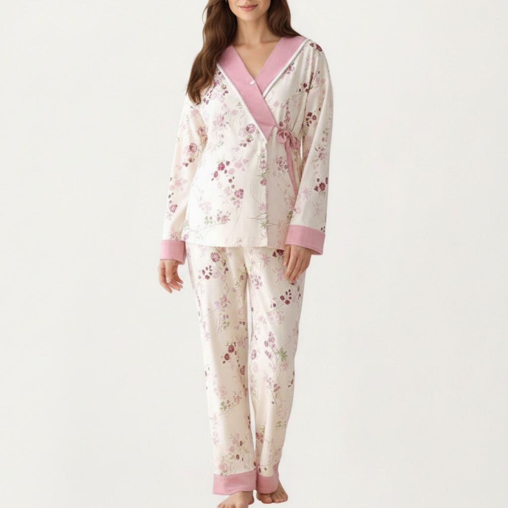 Anna-Kaci Women's 2-Piece Set Floral Wrap Front Pajama Top with Long Sleeves and Matching Relaxed Fit Pants