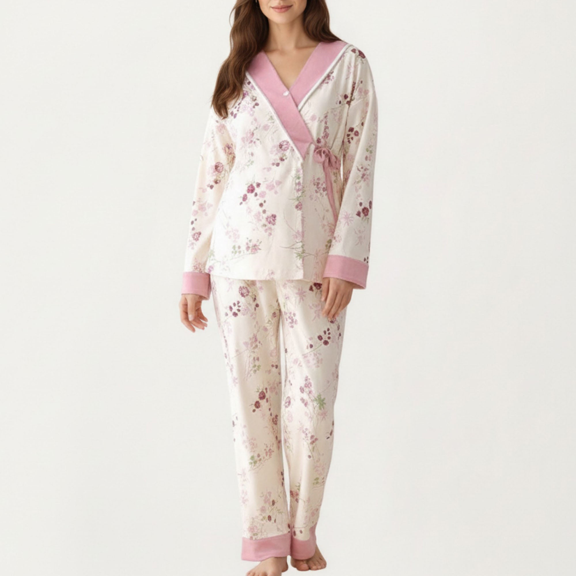 Anna-Kaci Women's 2-Piece Set Floral Wrap Front Pajama Top with Long Sleeves and Matching Relaxed Fit Pants