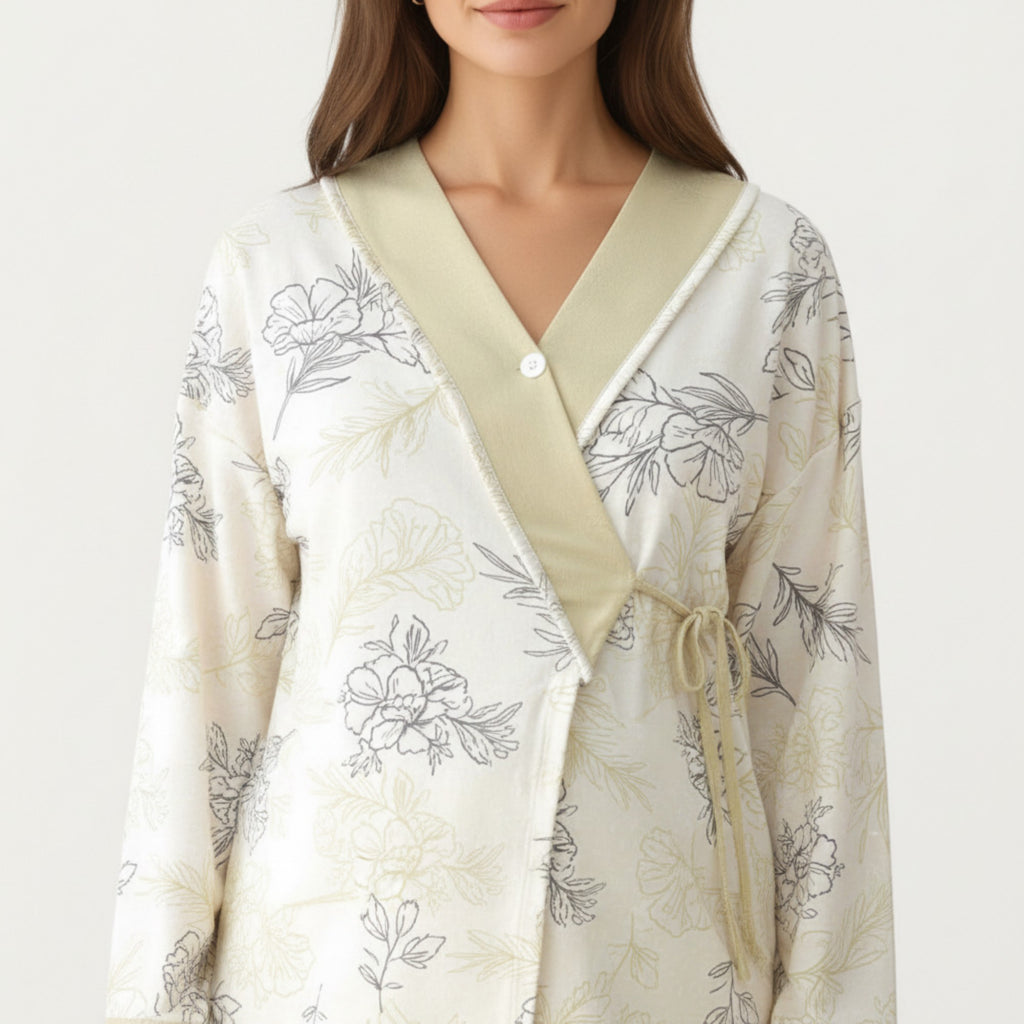 Anna-Kaci Women's 2-Piece Set Floral Wrap Front Pajama Top with Long Sleeves and Matching Relaxed Fit Pants
