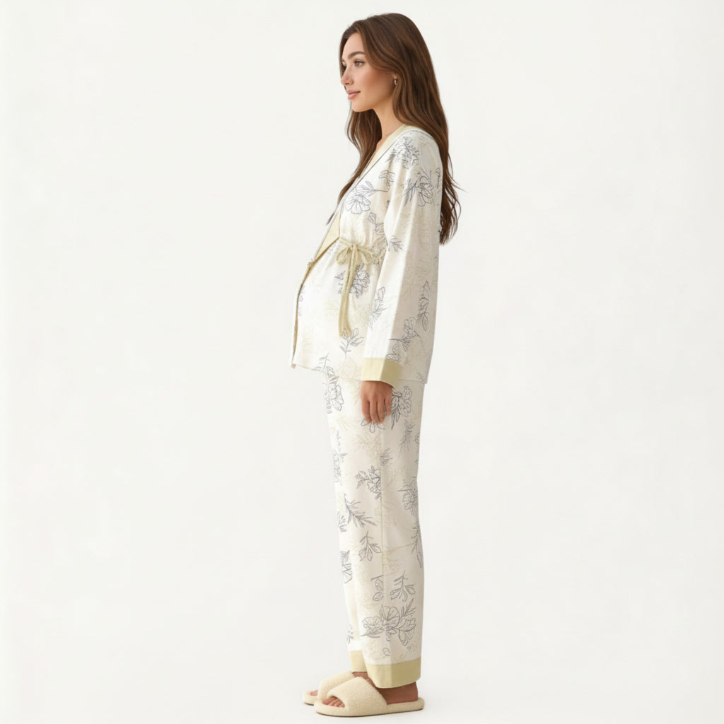 Anna-Kaci Women's 2-Piece Set Floral Wrap Front Pajama Top with Long Sleeves and Matching Relaxed Fit Pants