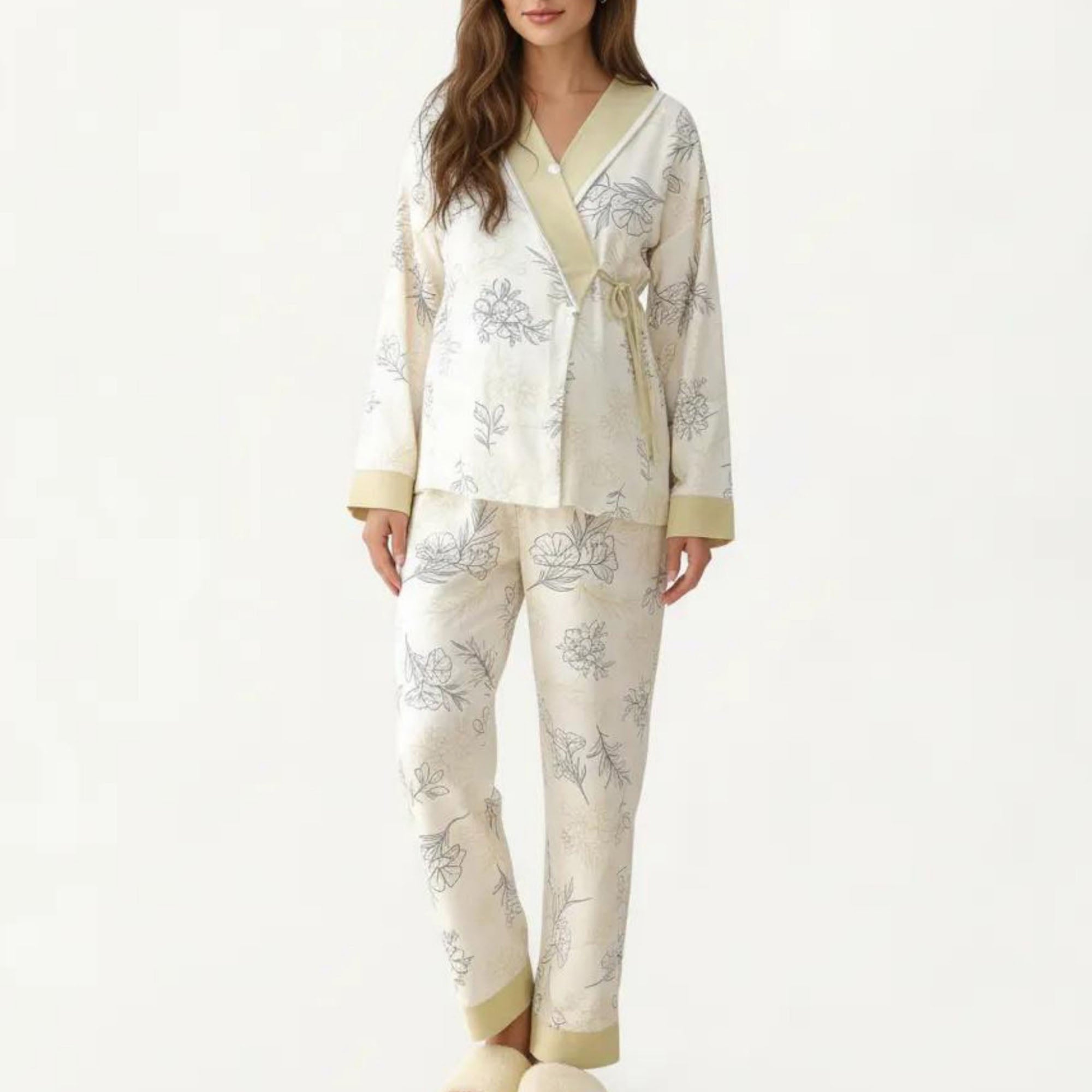 Anna-Kaci Women's 2-Piece Set Floral Wrap Front Pajama Top with Long Sleeves and Matching Relaxed Fit Pants