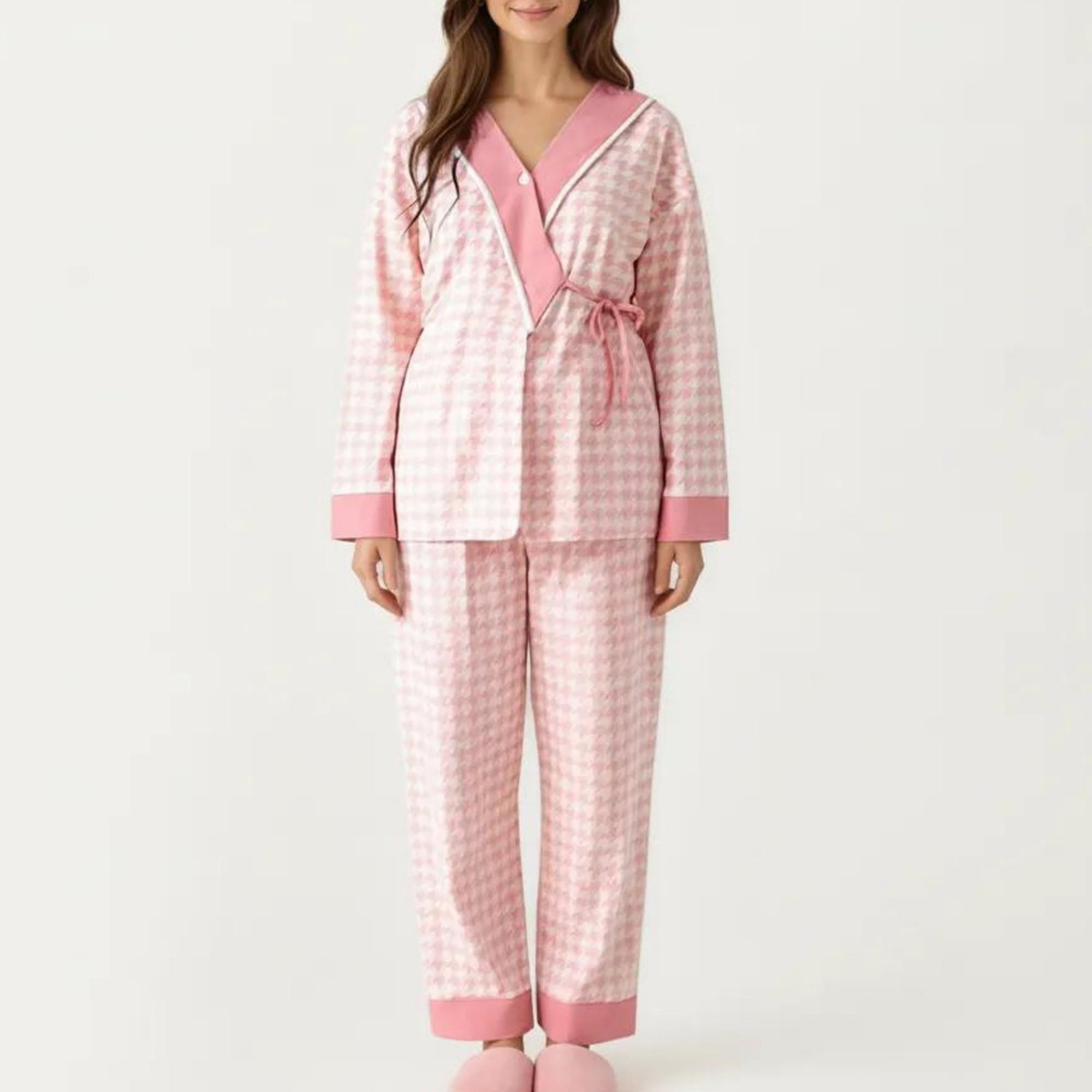 Anna-Kaci Women's 2-Piece Set Floral Wrap Front Pajama Top with Long Sleeves and Matching Relaxed Fit Pants