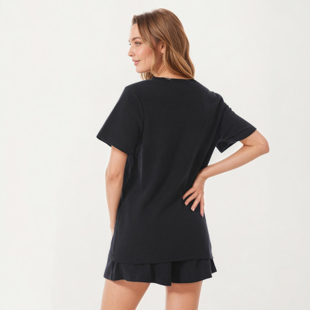 Anna-Kaci Women's 2-Piece Set Maternity V-Neck Short Sleeve Pajama Top with Relaxed Fit Shorts