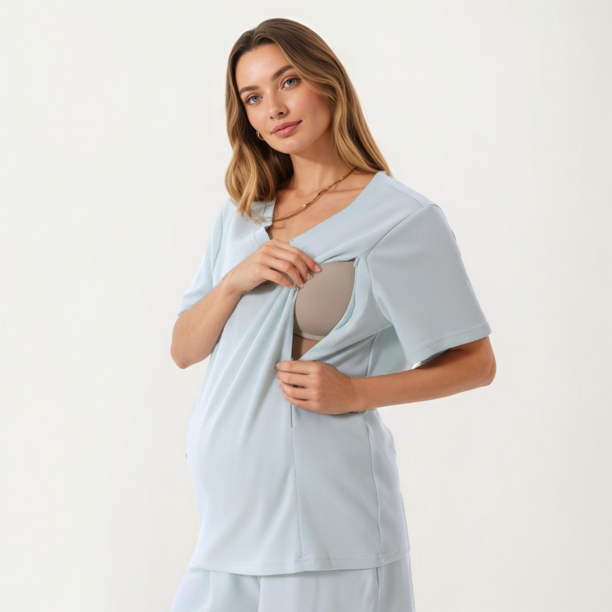 Anna-Kaci Women's 2-Piece Set Maternity V-Neck Short Sleeve Pajama Top with Relaxed Fit Shorts