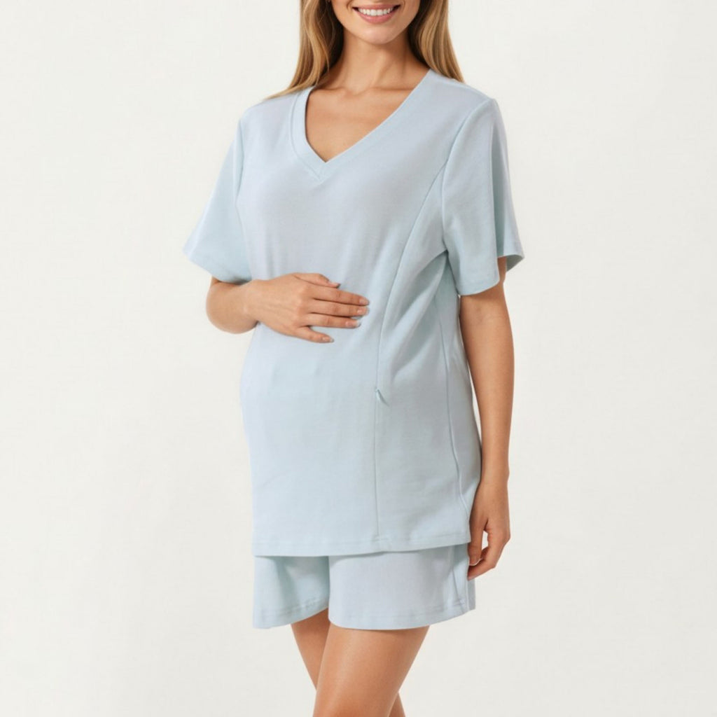 Anna-Kaci Women's 2-Piece Set Maternity V-Neck Short Sleeve Pajama Top with Relaxed Fit Shorts