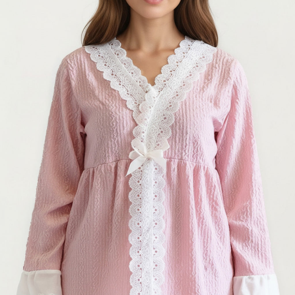 Anna-Kaci Women's 2-Piece Set Long Sleeve Pajama Top with Lace Trim and Matching Relaxed Fit Pants