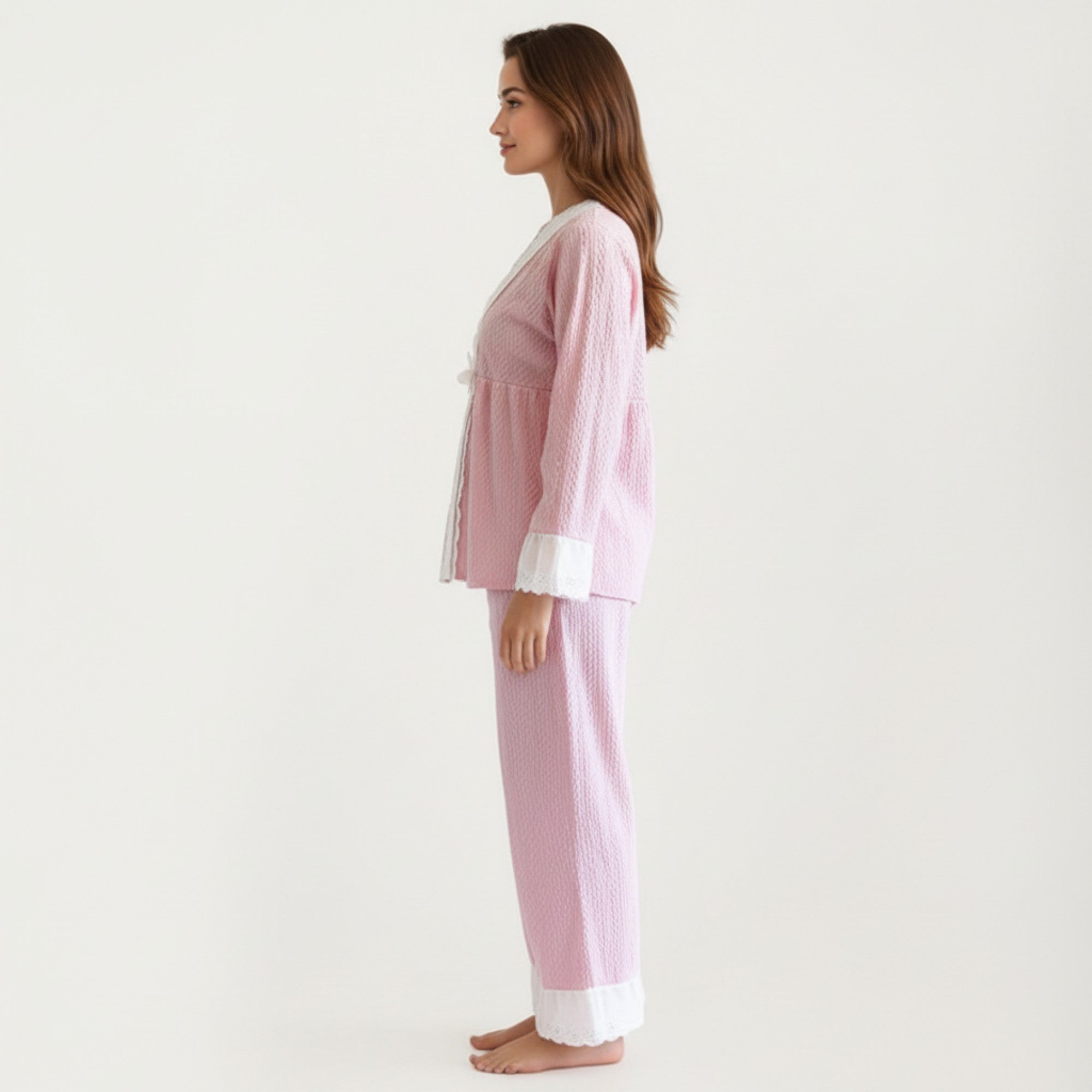 Anna-Kaci Women's 2-Piece Set Long Sleeve Pajama Top with Lace Trim and Matching Relaxed Fit Pants