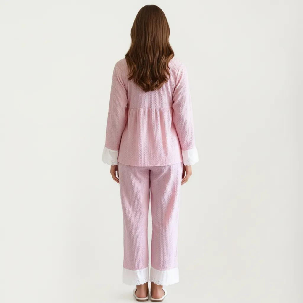 Anna-Kaci Women's 2-Piece Set Long Sleeve Pajama Top with Lace Trim and Matching Relaxed Fit Pants