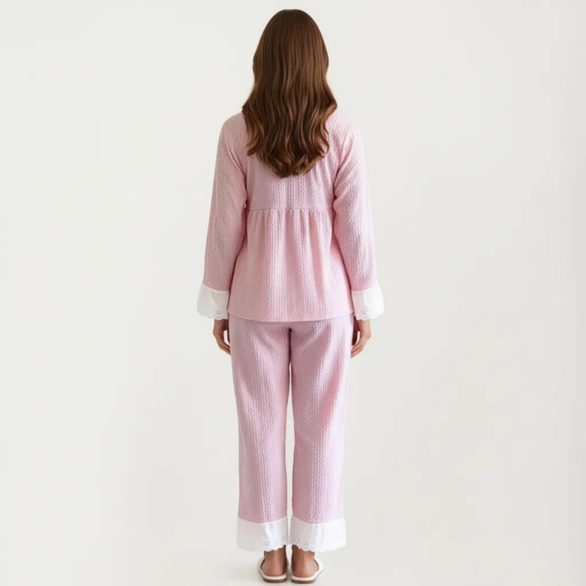 Anna-Kaci Women's 2-Piece Set Long Sleeve Pajama Top with Lace Trim and Matching Relaxed Fit Pants