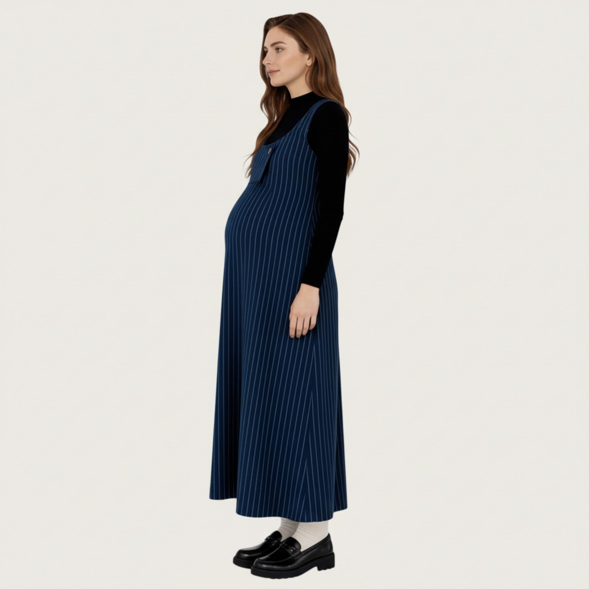 Anna-Kaci Maternity Women's Sleeveless Pinstripe Maxi Dress with Scoop Neck and Asymmetrical Button Front Design