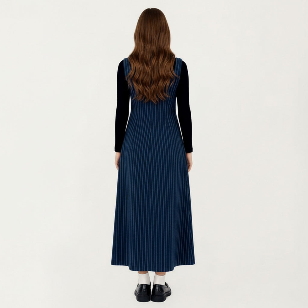Anna-Kaci Maternity Women's Sleeveless Pinstripe Maxi Dress with Scoop Neck and Asymmetrical Button Front Design