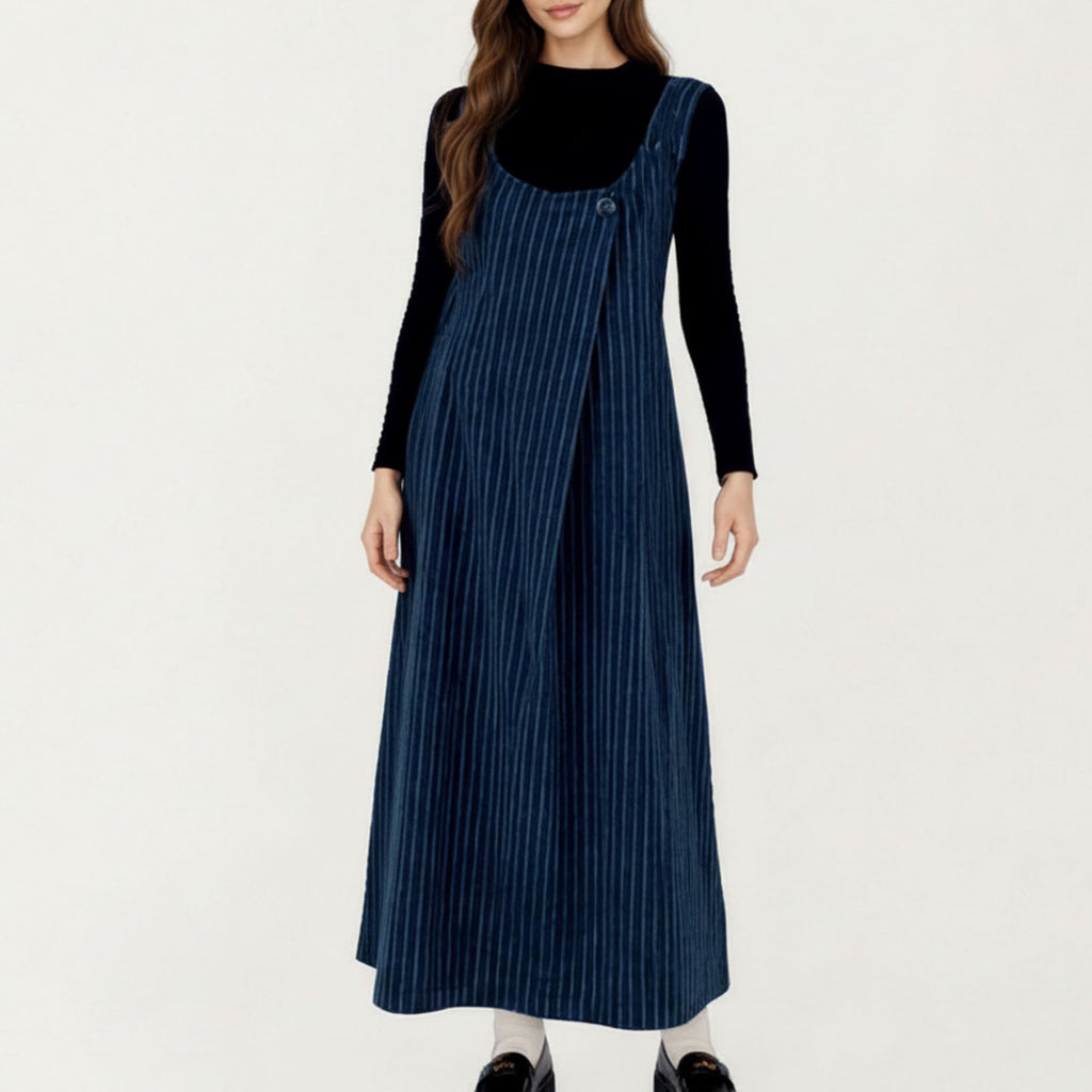 Anna-Kaci Maternity Women's Sleeveless Pinstripe Maxi Dress with Scoop Neck and Asymmetrical Button Front Design