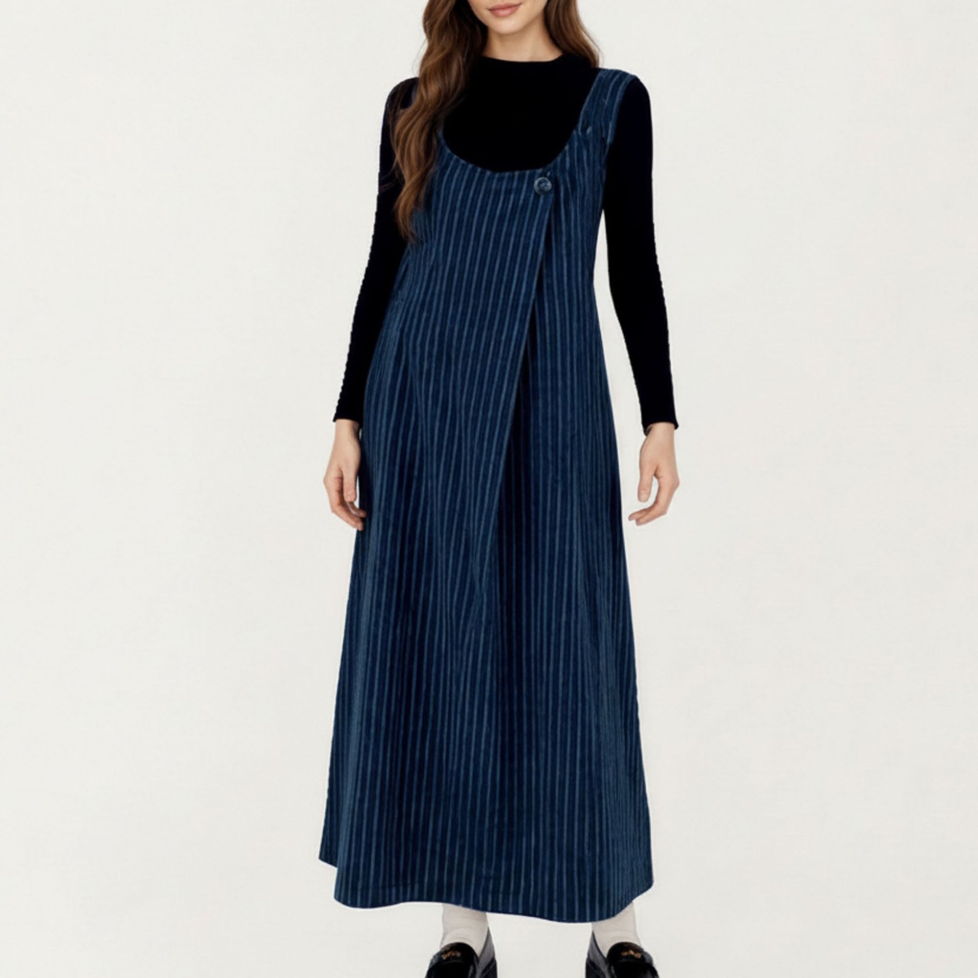 Anna-Kaci Maternity Women's Sleeveless Pinstripe Maxi Dress with Scoop Neck and Asymmetrical Button Front Design