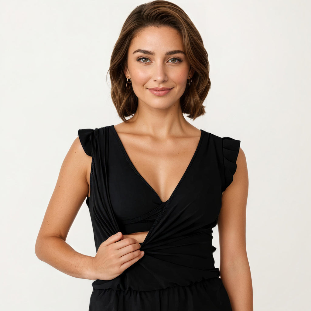 Anna-Kaci Women's Sleeveless V Neck Romper with Elastic Waist Ruffle Hem Shorts and Soft Draped Bodice