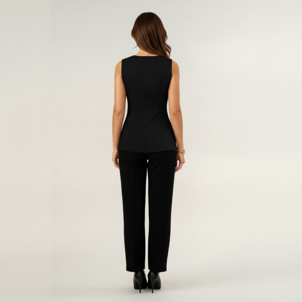 Anna-Kaci Women's Sleeveless Crew Neck Button Front Tunic Top with Shaped Waist and Clean Tailored Silhouette