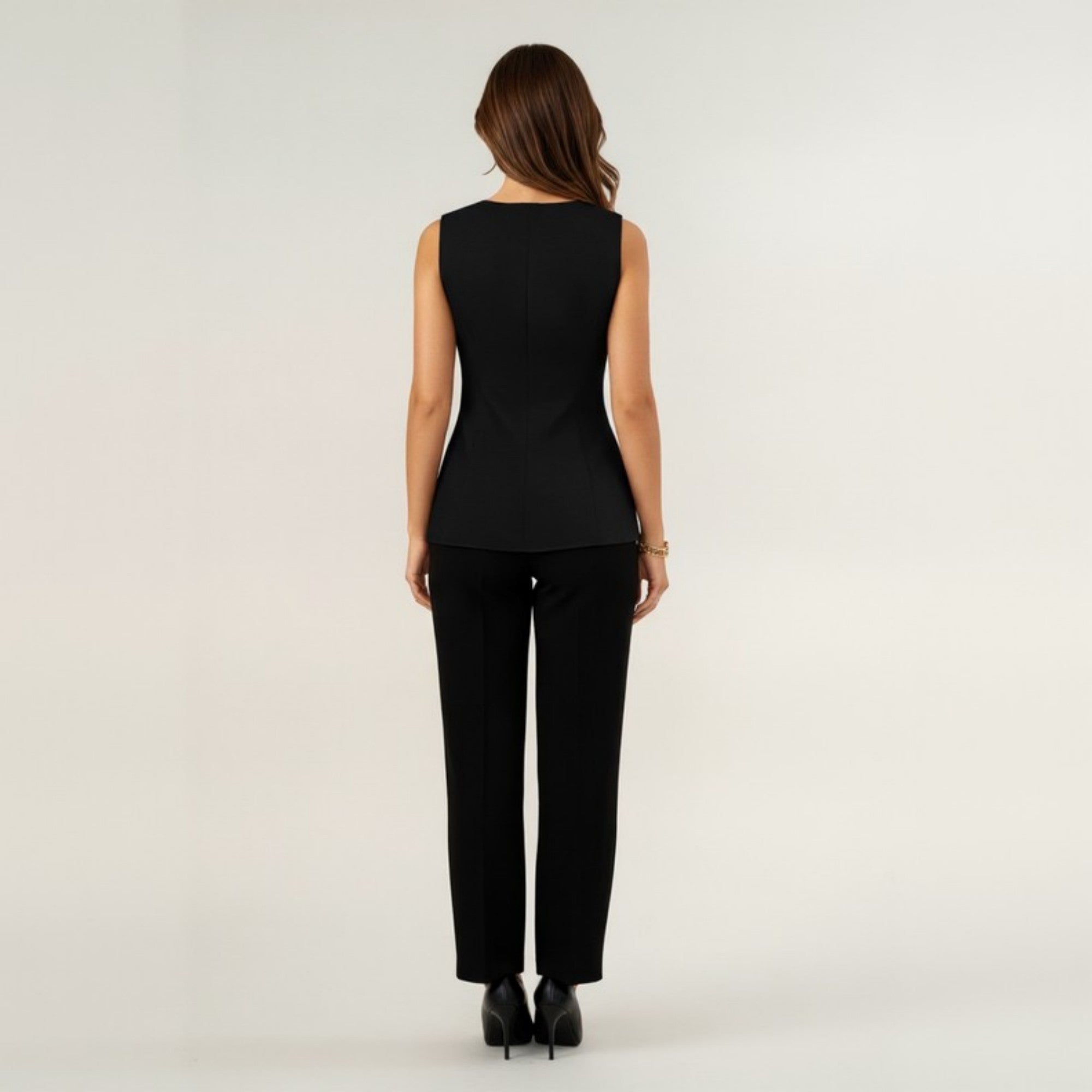Anna-Kaci Women's Sleeveless Crew Neck Button Front Tunic Top with Shaped Waist and Clean Tailored Silhouette
