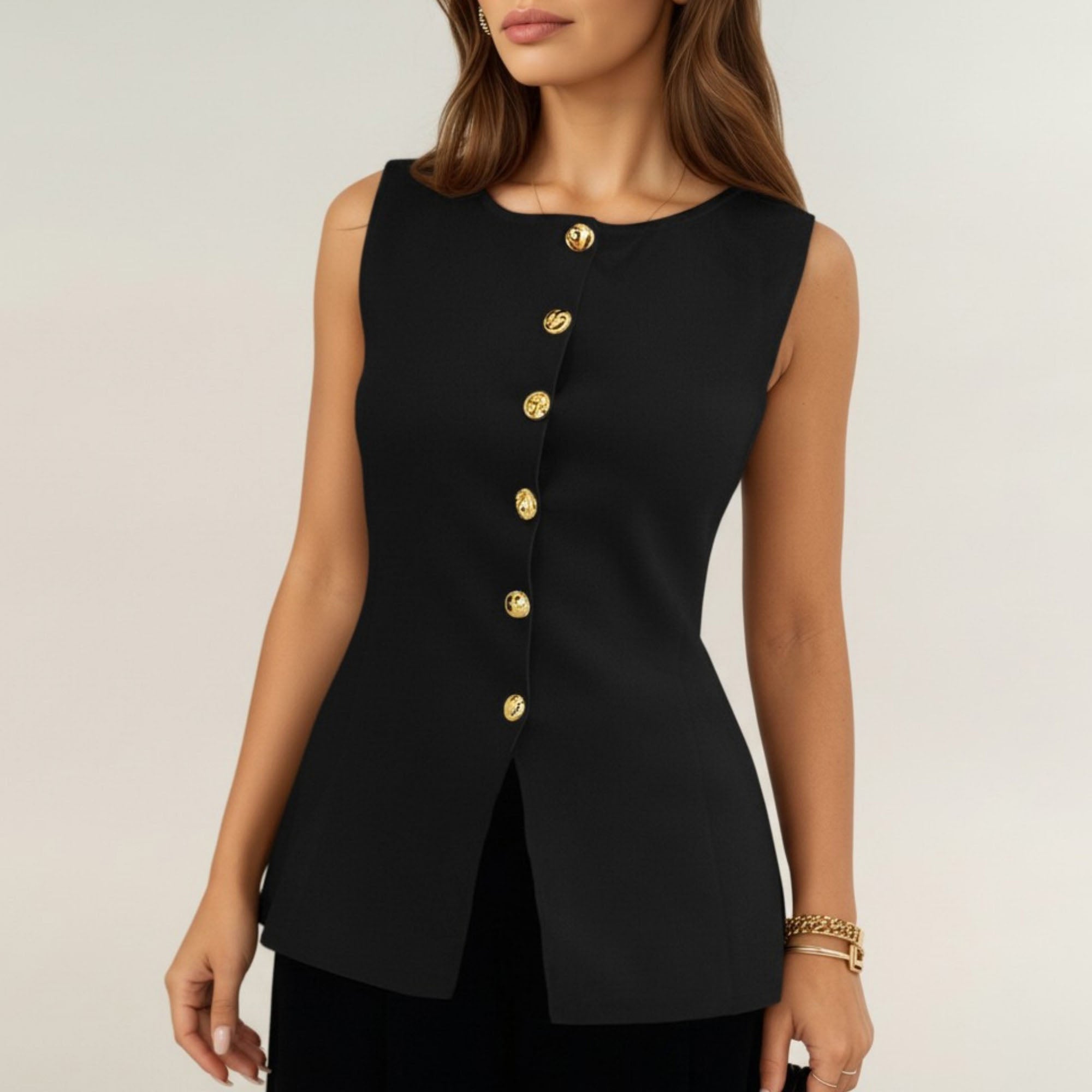 Anna-Kaci Women's Sleeveless Crew Neck Button Front Tunic Top with Shaped Waist and Clean Tailored Silhouette