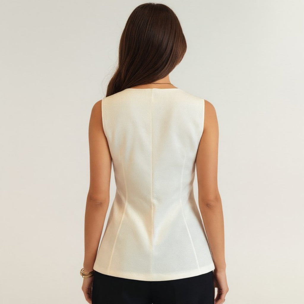 Anna-Kaci Women's Sleeveless Crew Neck Button Front Tunic Top with Shaped Waist and Clean Tailored Silhouette