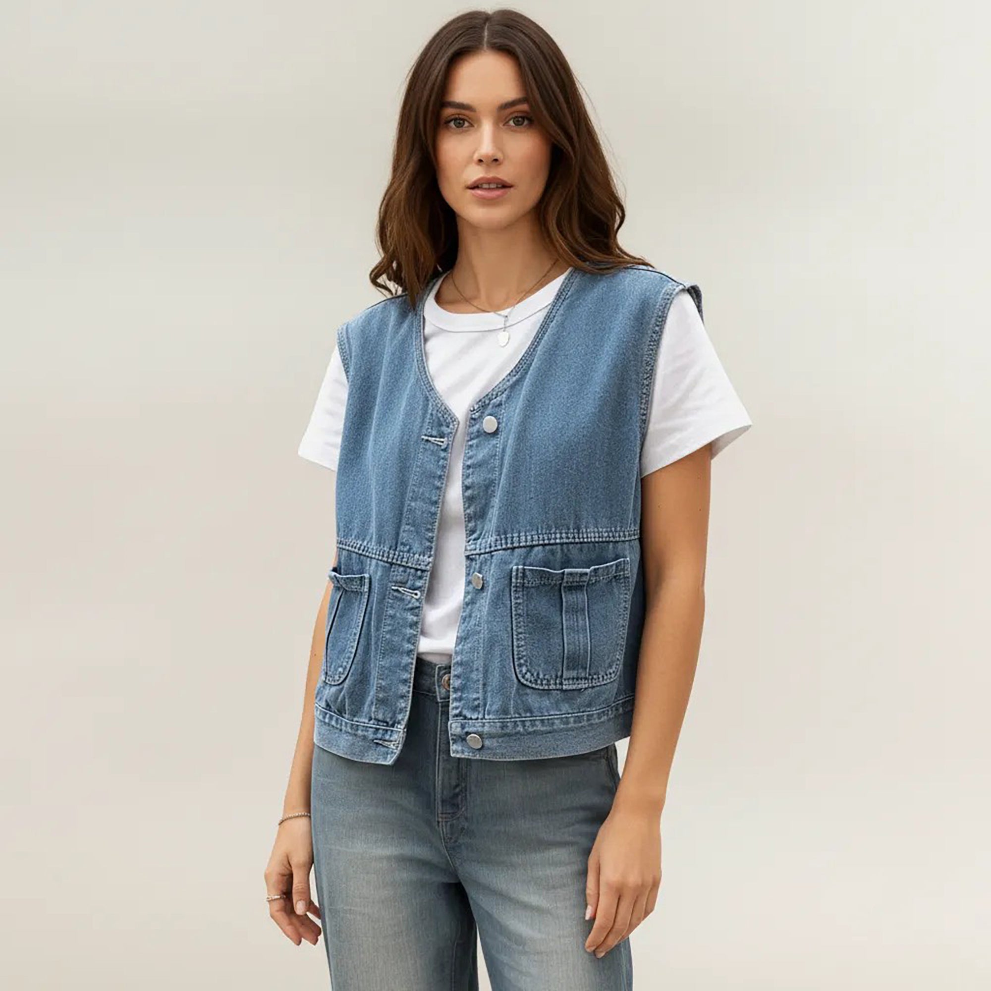 Anna-Kaci Women's Sleeveless Denim Vest with Button Front Closure Patch Pockets and Structured Fit