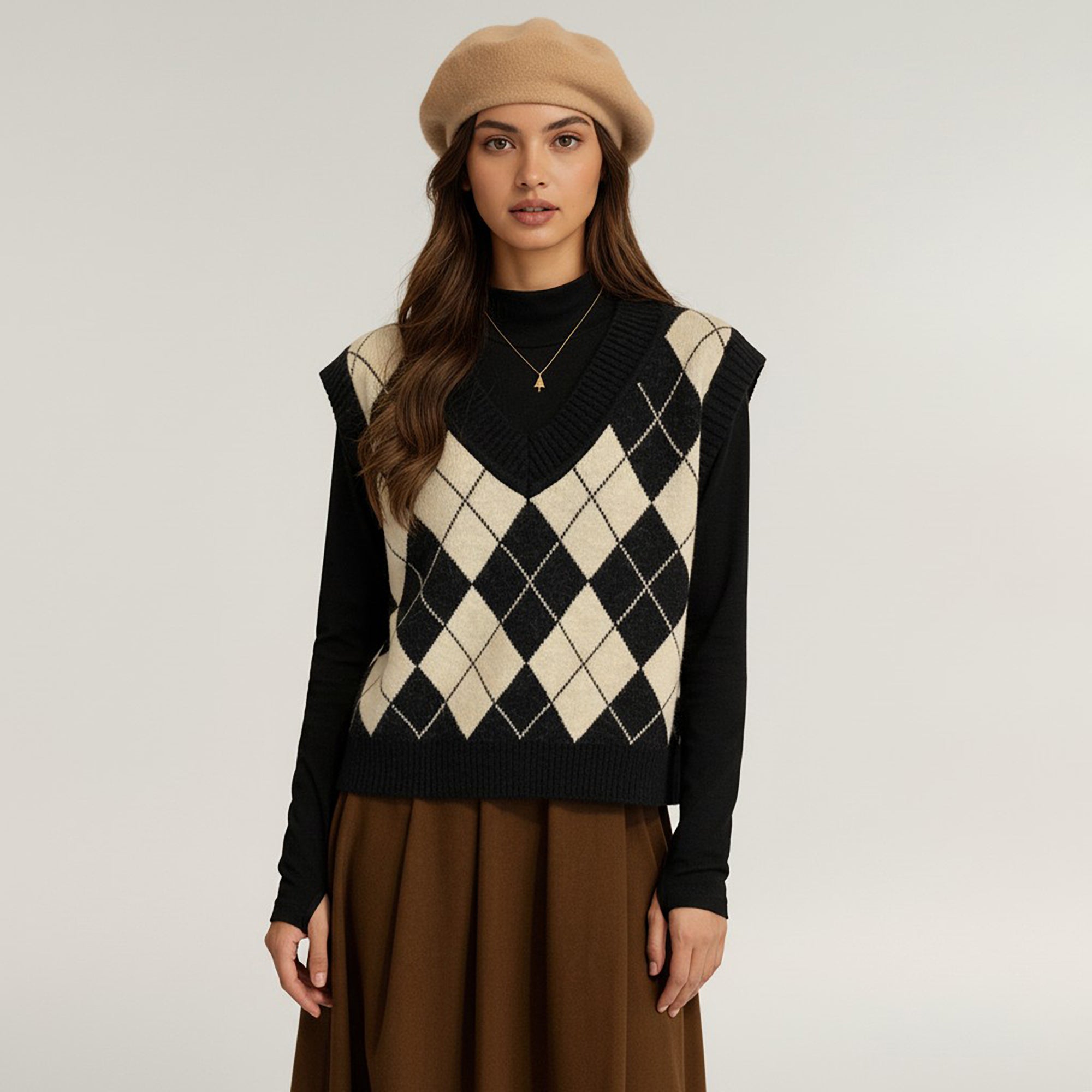 Anna-Kaci Women's Argyle Knit Sweater Vest with V Neck Sleeveless Design and Ribbed Hem