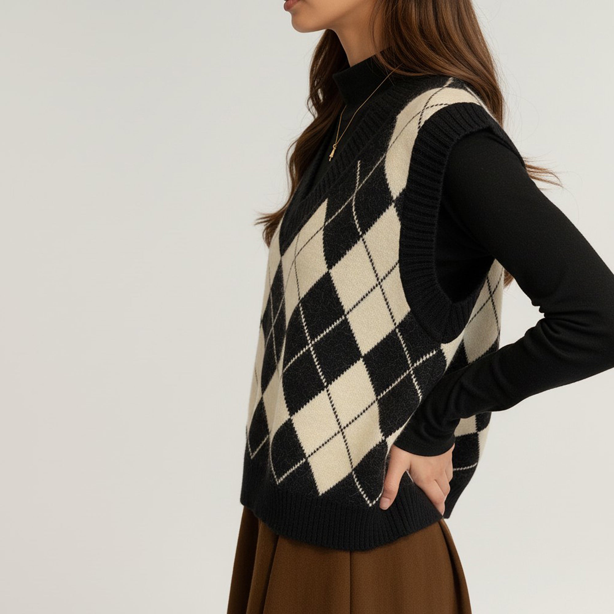Anna-Kaci Women's Argyle Knit Sweater Vest with V Neck Sleeveless Design and Ribbed Hem