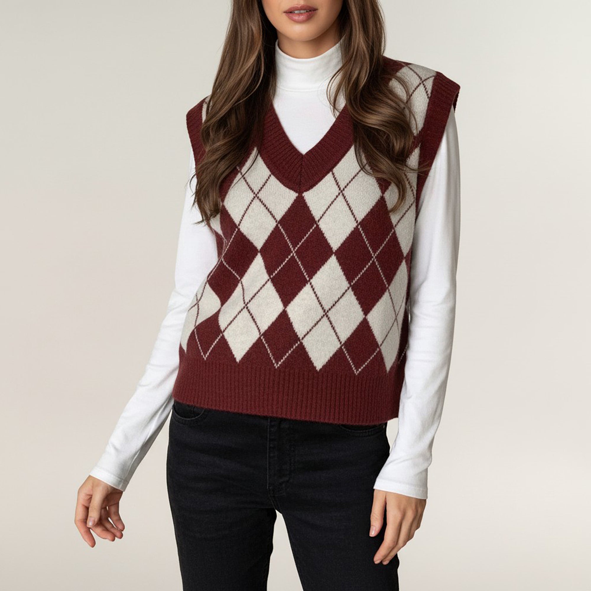 Anna-Kaci Women's Argyle Knit Sweater Vest with V Neck Sleeveless Design and Ribbed Hem