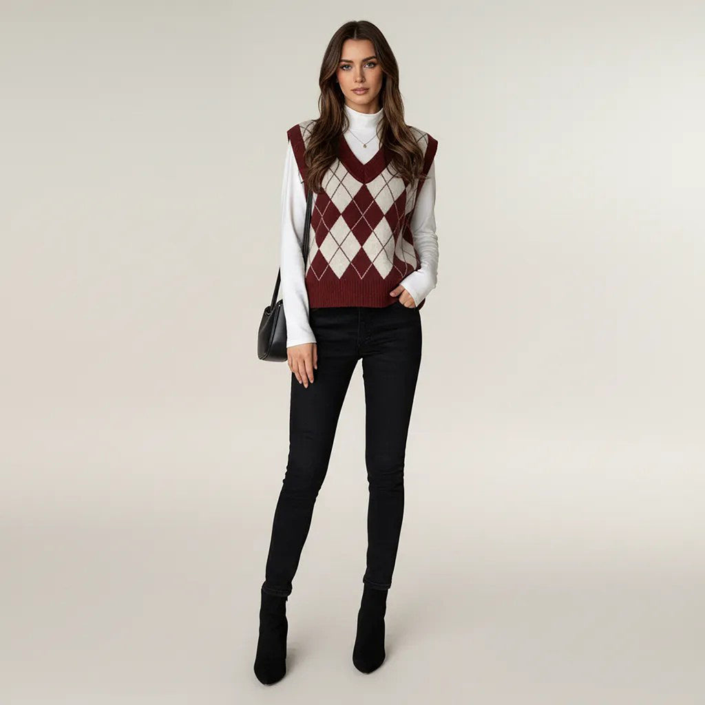 Anna-Kaci Women's Argyle Knit Sweater Vest with V Neck Sleeveless Design and Ribbed Hem