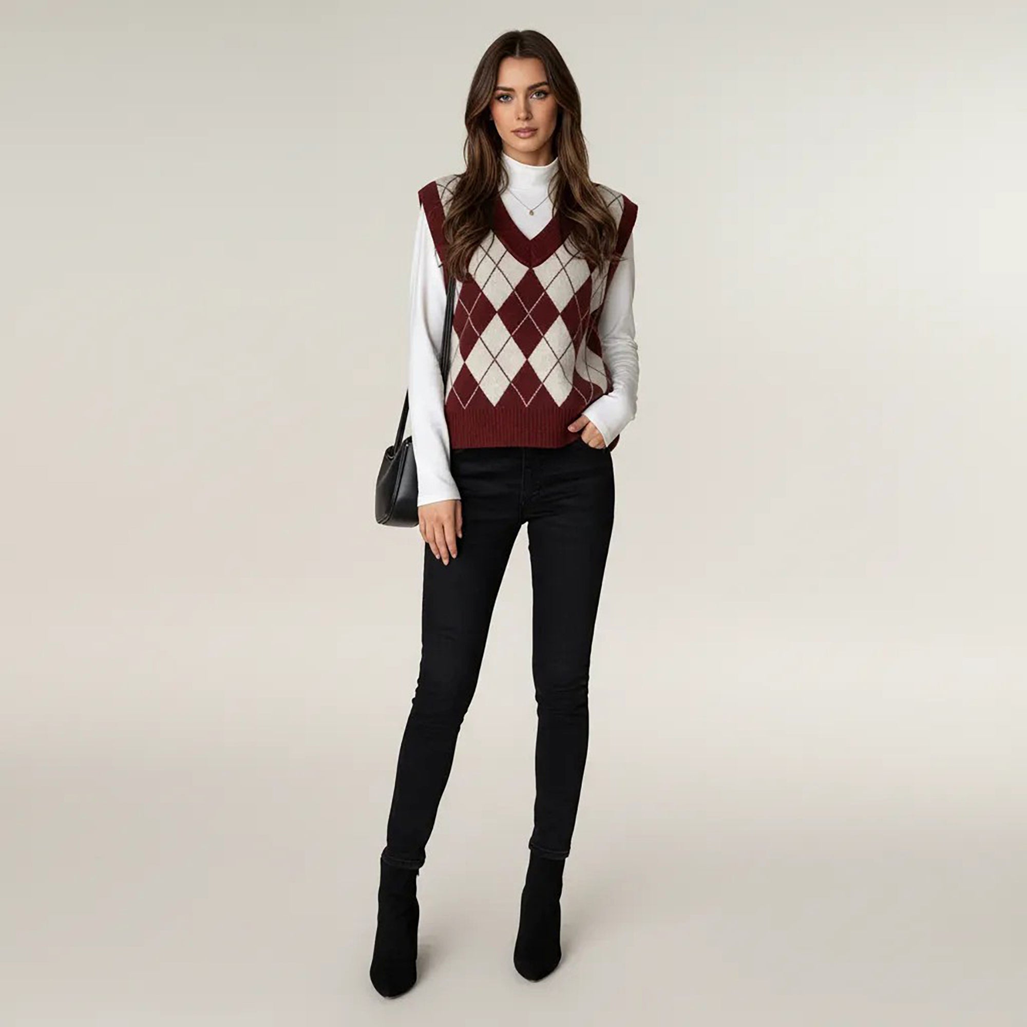 Anna-Kaci Women's Argyle Knit Sweater Vest with V Neck Sleeveless Design and Ribbed Hem