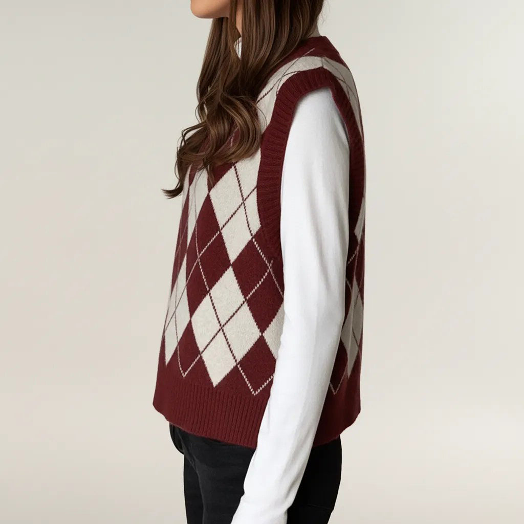 Anna-Kaci Women's Argyle Knit Sweater Vest with V Neck Sleeveless Design and Ribbed Hem