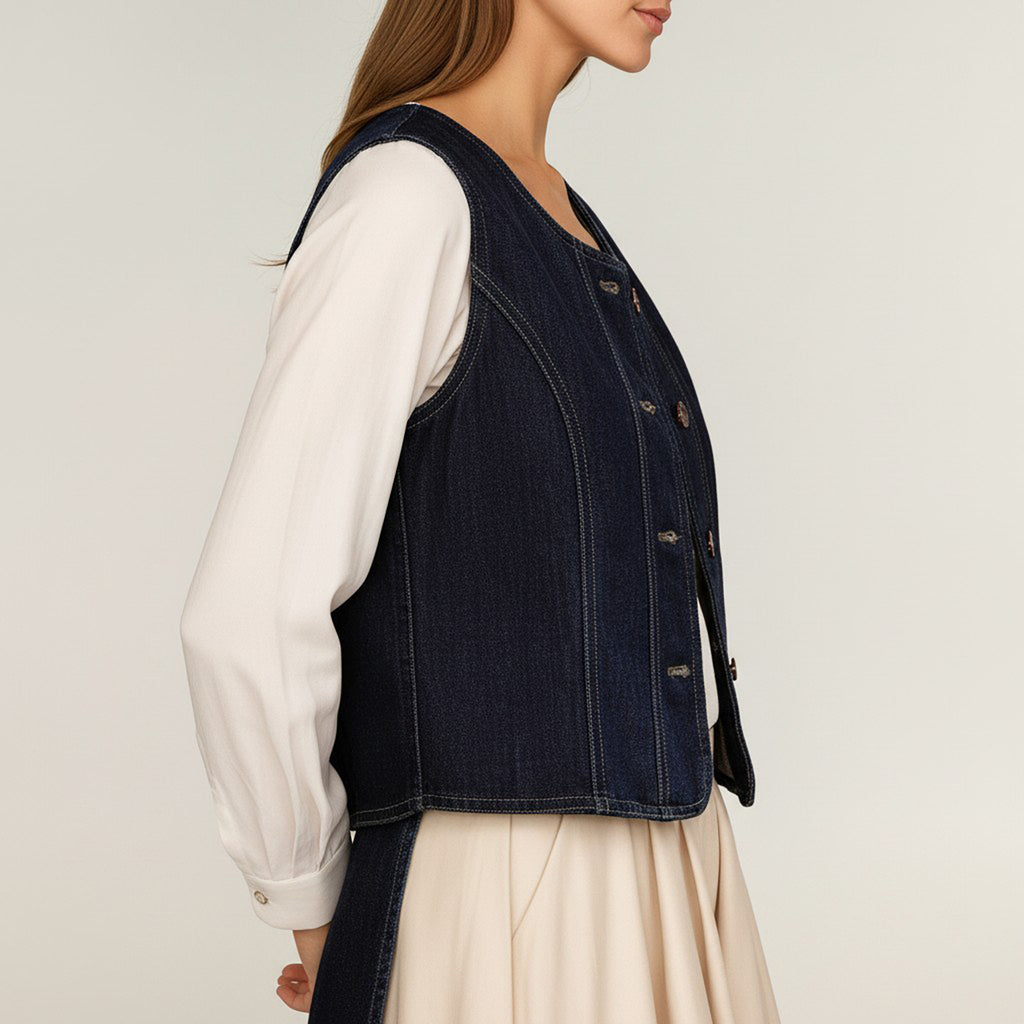 Anna-Kaci Women's Denim Vest with Round Neck Button Front Sleeveless Silhouette and Contrast Stitching