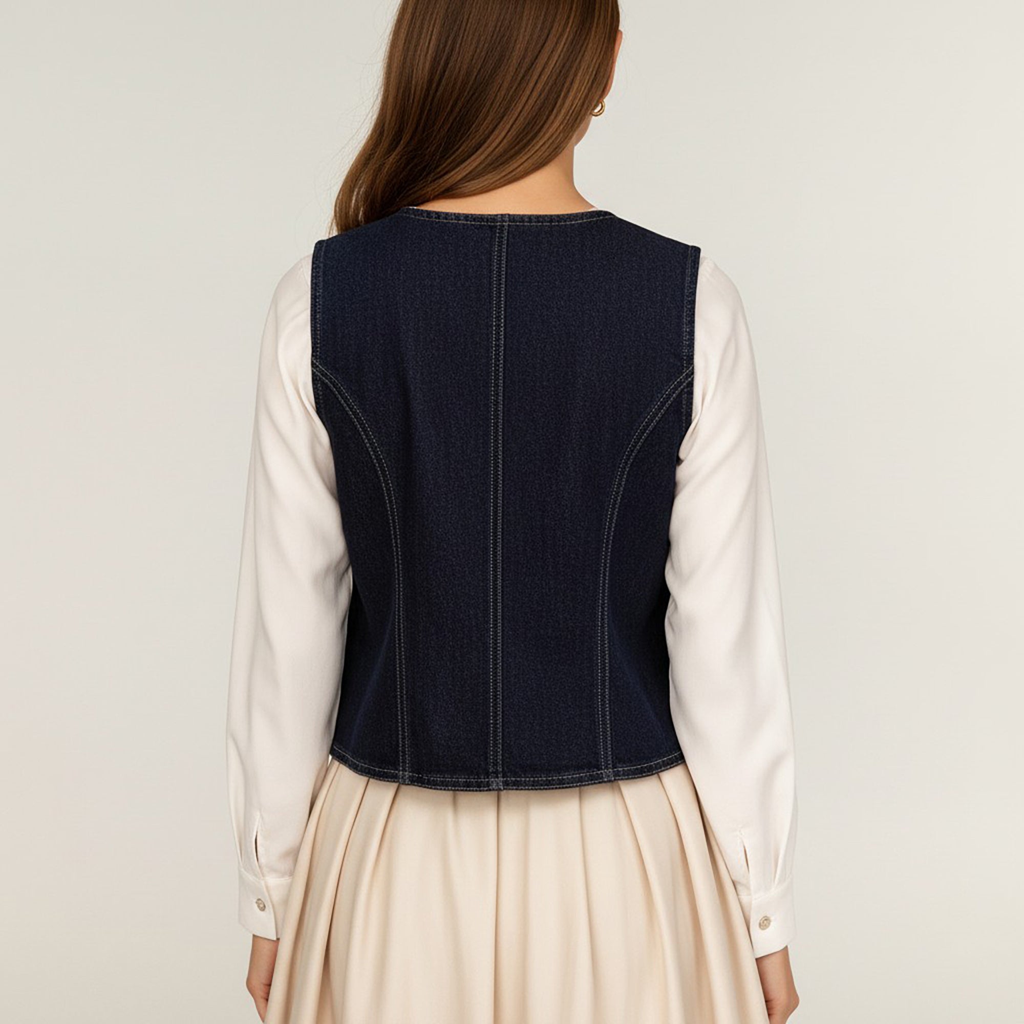 Anna-Kaci Women's Denim Vest with Round Neck Button Front Sleeveless Silhouette and Contrast Stitching