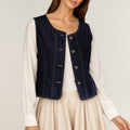 Anna-Kaci Women's Denim Vest with Round Neck Button Front Sleeveless Silhouette and Contrast Stitching