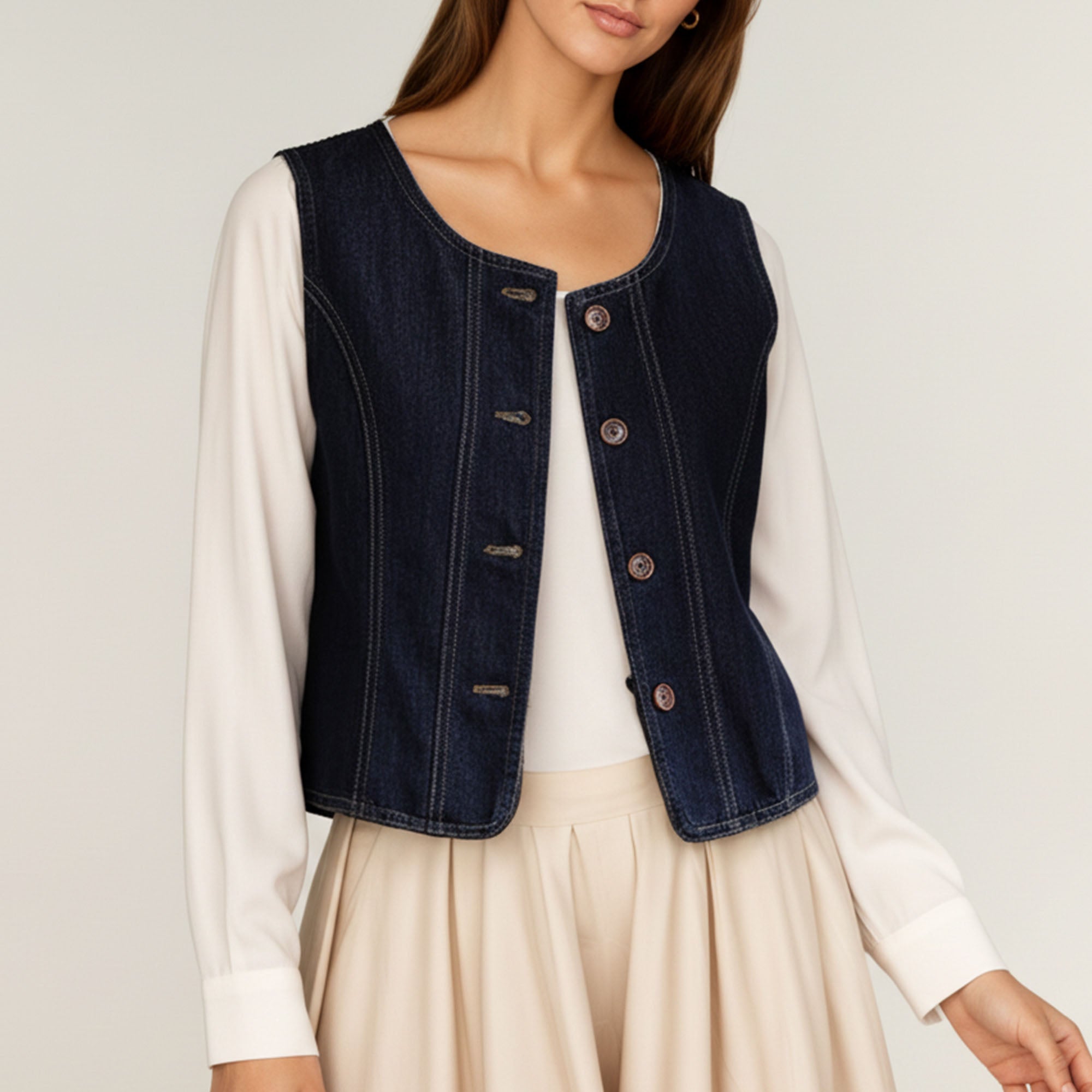 Anna-Kaci Women's Denim Vest with Round Neck Button Front Sleeveless Silhouette and Contrast Stitching