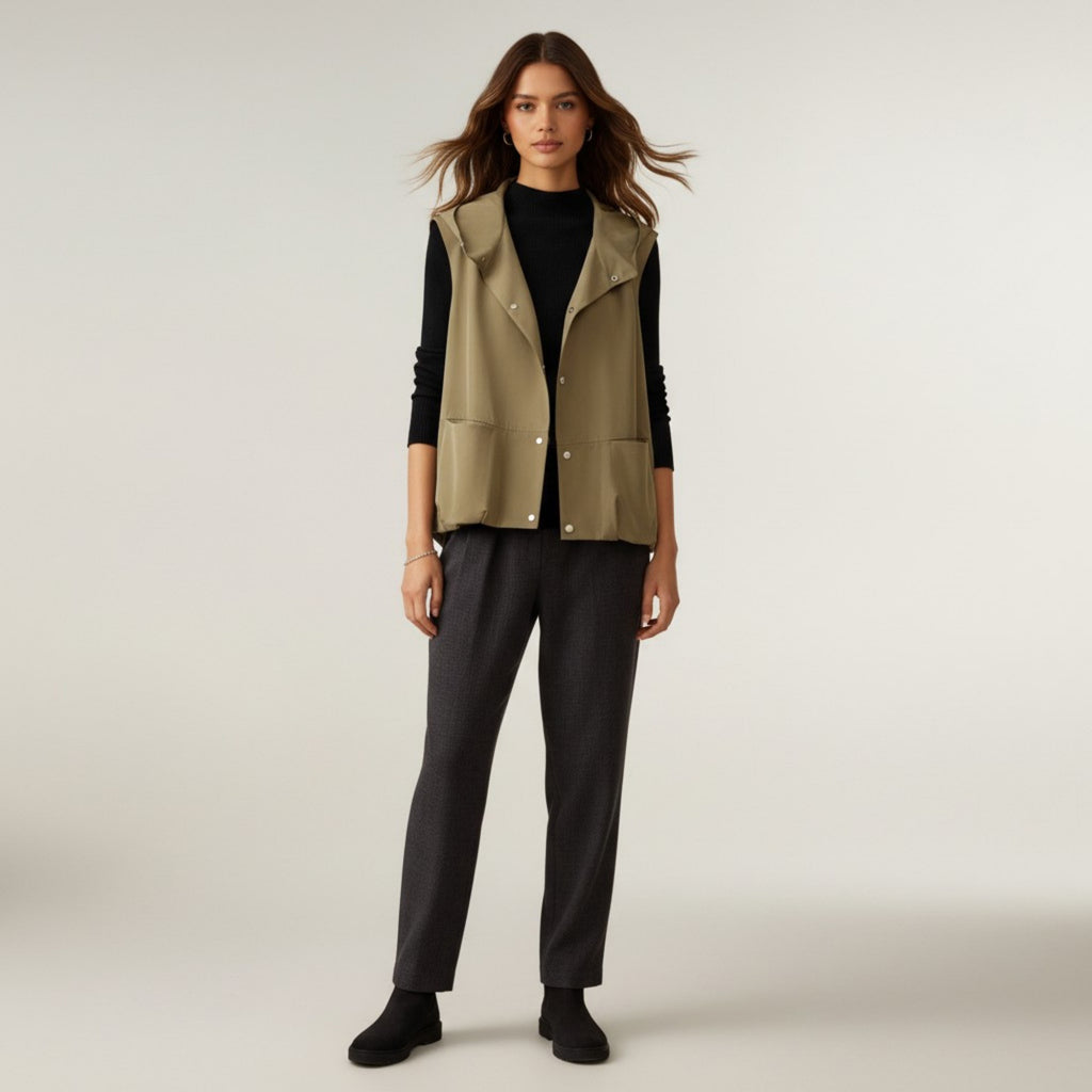 Anna-Kaci Women's Hooded Utility Vest with Snap Button Front Sleeveless Design and Lightweight Structured Fabric