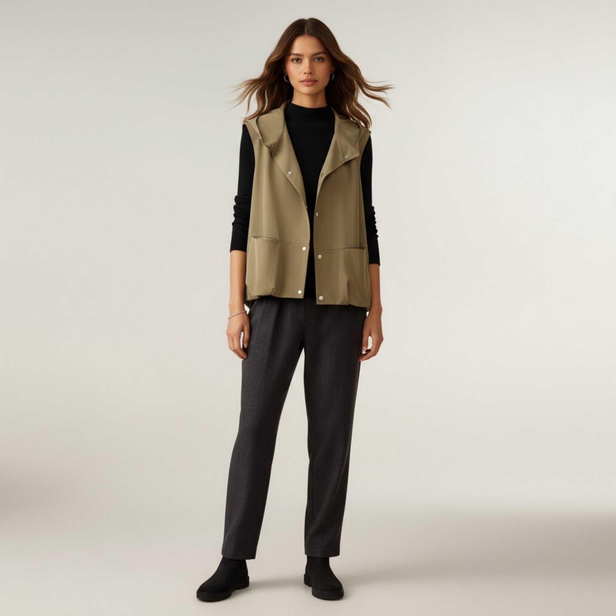 Anna-Kaci Women's Hooded Utility Vest with Snap Button Front Sleeveless Design and Lightweight Structured Fabric