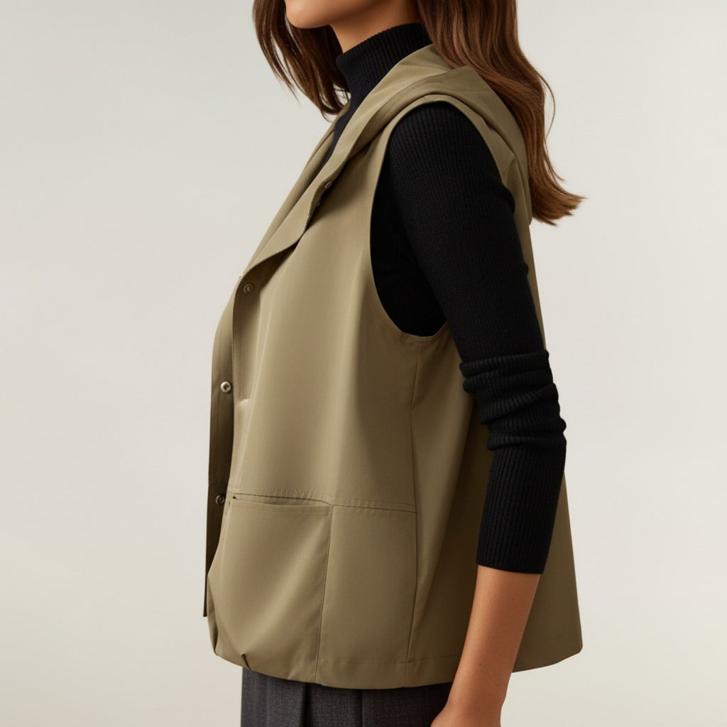 Anna-Kaci Women's Hooded Utility Vest with Snap Button Front Sleeveless Design and Lightweight Structured Fabric