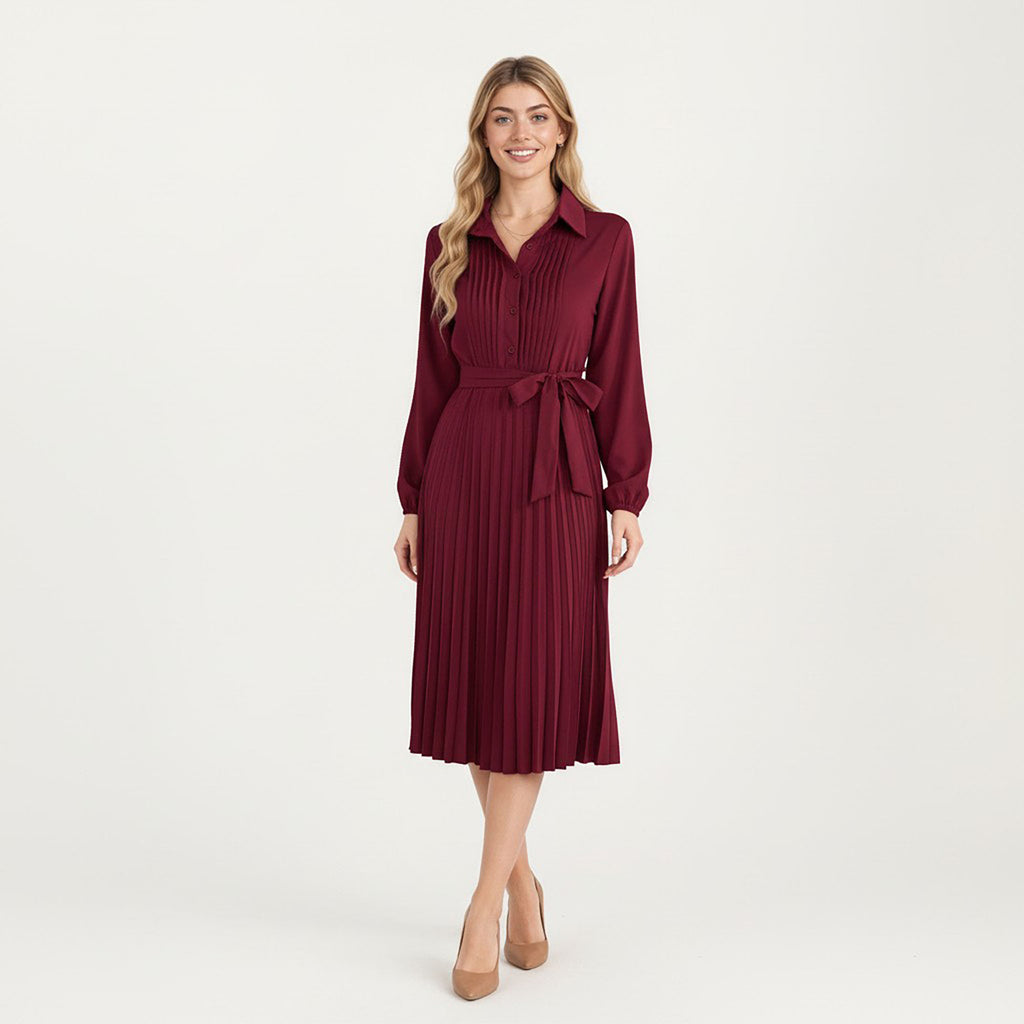 Anna-Kaci Women¡¯s Pleated Midi Dress with Button-Down Front, Long Sleeves, and Waist Tie for a Feminine and Flattering Silhouette