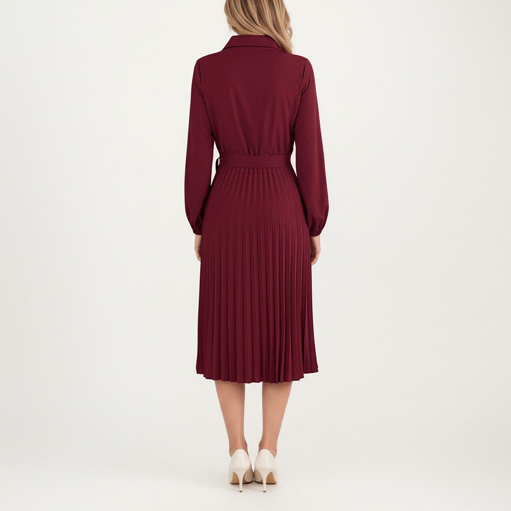 Anna-Kaci Women¡¯s Pleated Midi Dress with Button-Down Front, Long Sleeves, and Waist Tie for a Feminine and Flattering Silhouette