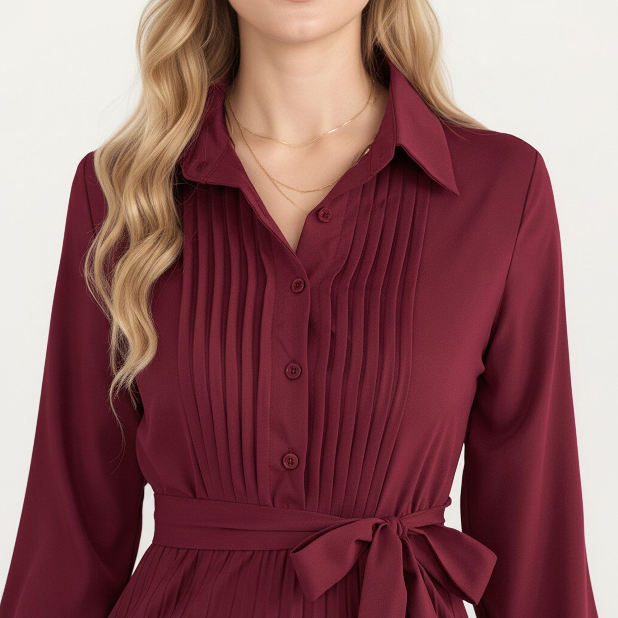 Anna-Kaci Women¡¯s Pleated Midi Dress with Button-Down Front, Long Sleeves, and Waist Tie for a Feminine and Flattering Silhouette