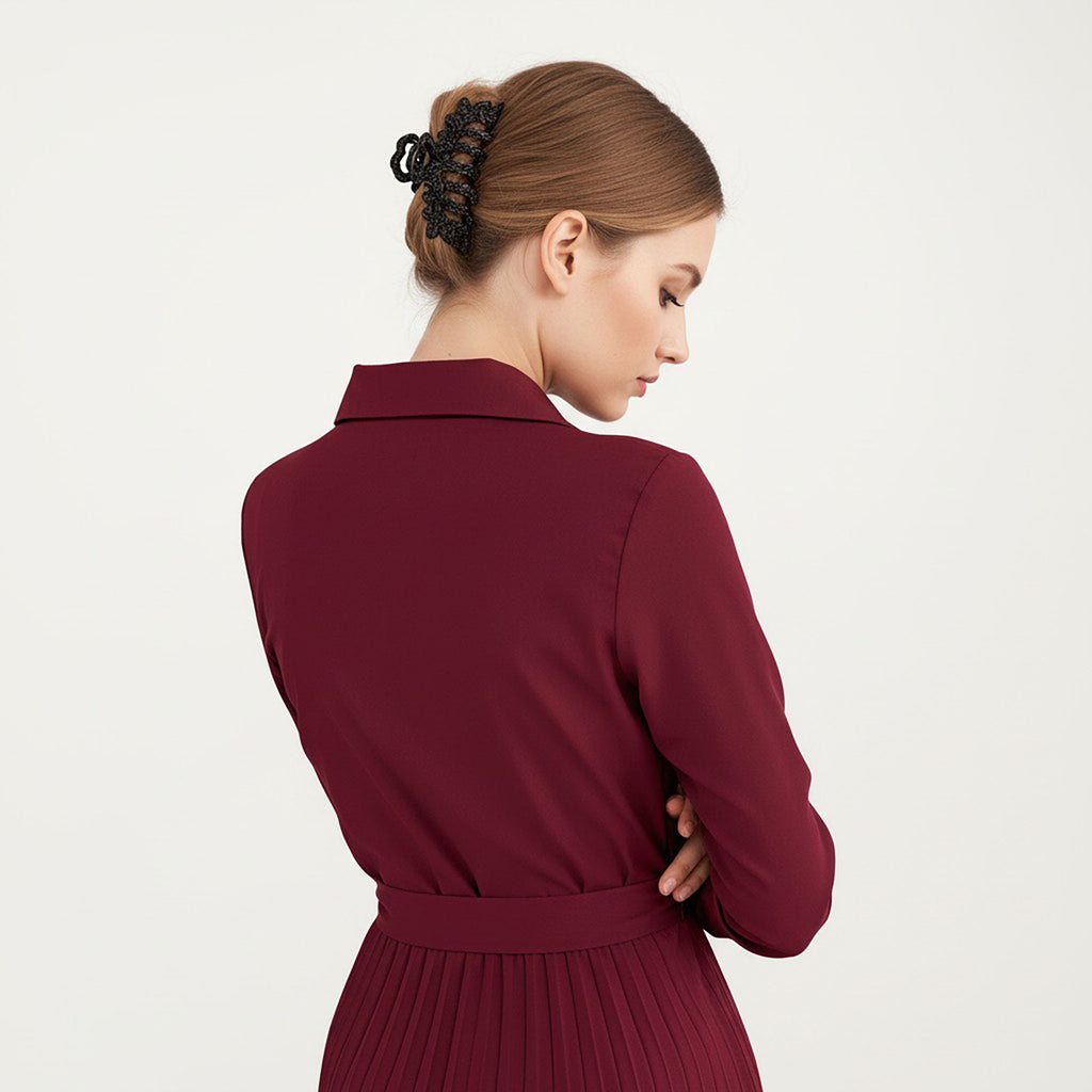 Anna-Kaci Women¡¯s Pleated Midi Dress with Button-Down Front, Long Sleeves, and Waist Tie for a Feminine and Flattering Silhouette