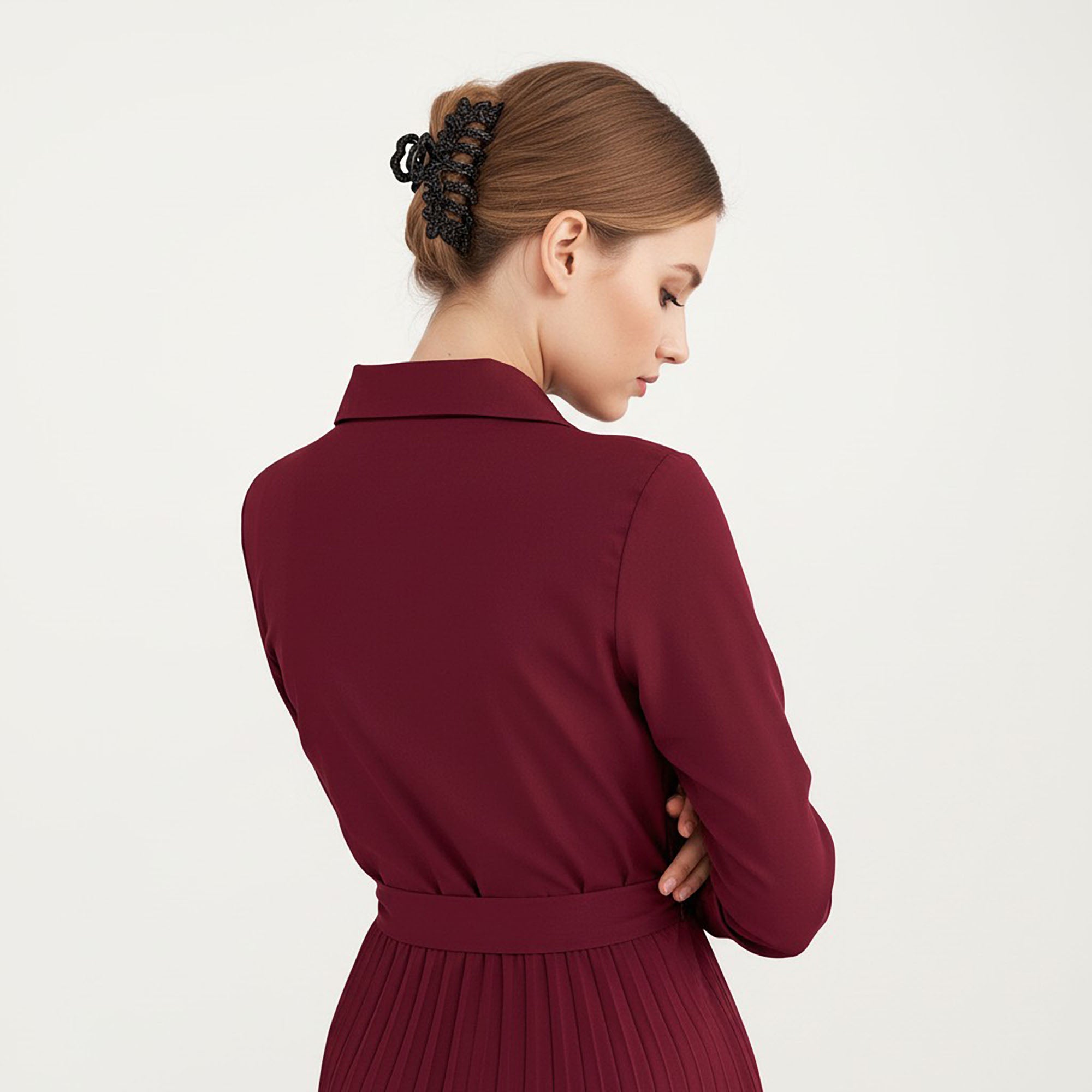 Anna-Kaci Women¡¯s Pleated Midi Dress with Button-Down Front, Long Sleeves, and Waist Tie for a Feminine and Flattering Silhouette