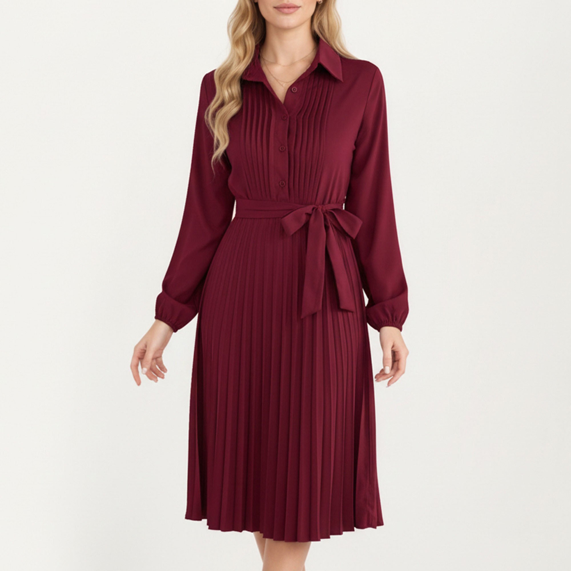 Anna-Kaci Women¡¯s Pleated Midi Dress with Button-Down Front, Long Sleeves, and Waist Tie for a Feminine and Flattering Silhouette