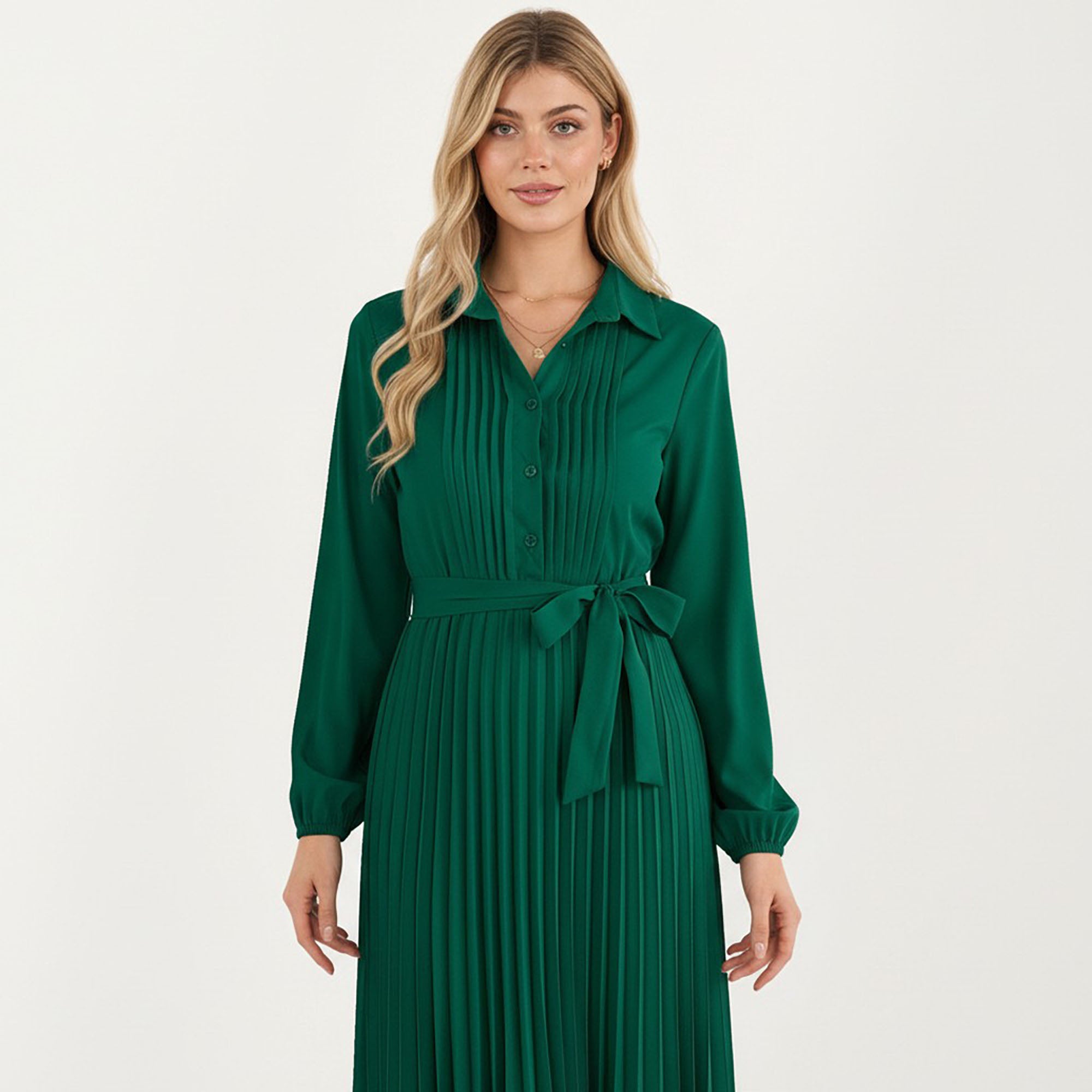 Anna-Kaci Women¡¯s Pleated Midi Dress with Button-Down Front, Long Sleeves, and Waist Tie for a Feminine and Flattering Silhouette