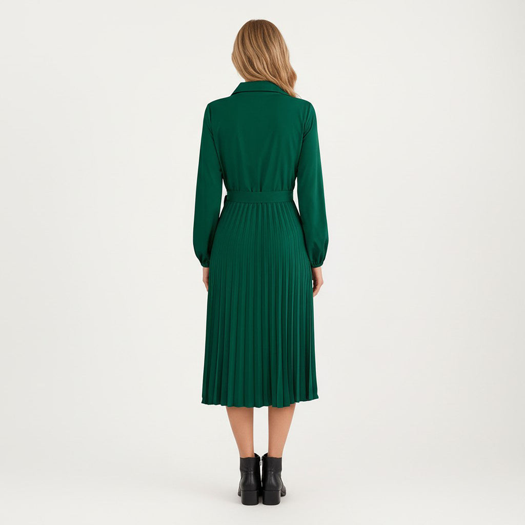 Anna-Kaci Women¡¯s Pleated Midi Dress with Button-Down Front, Long Sleeves, and Waist Tie for a Feminine and Flattering Silhouette