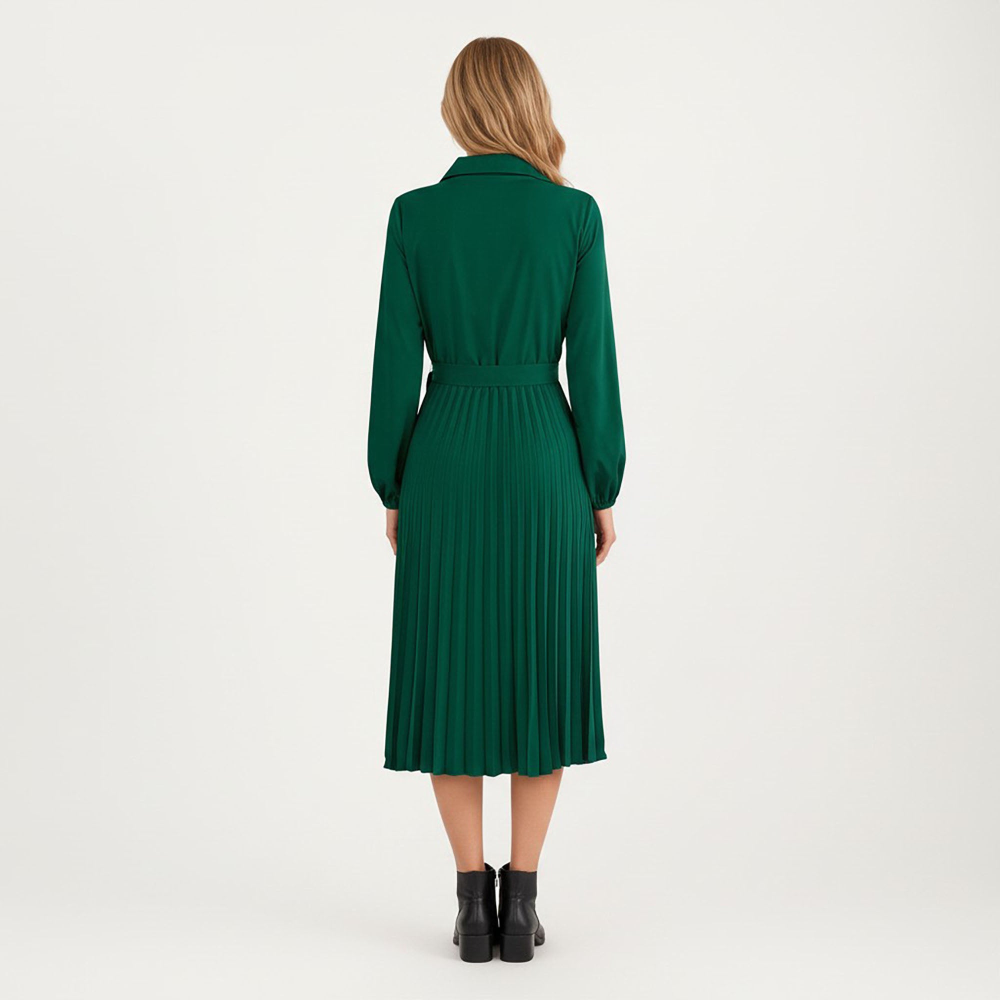 Anna-Kaci Women¡¯s Pleated Midi Dress with Button-Down Front, Long Sleeves, and Waist Tie for a Feminine and Flattering Silhouette