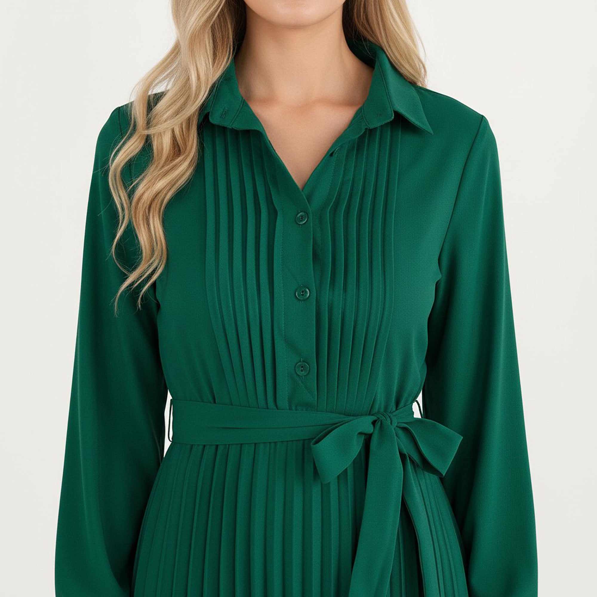 Anna-Kaci Women¡¯s Pleated Midi Dress with Button-Down Front, Long Sleeves, and Waist Tie for a Feminine and Flattering Silhouette